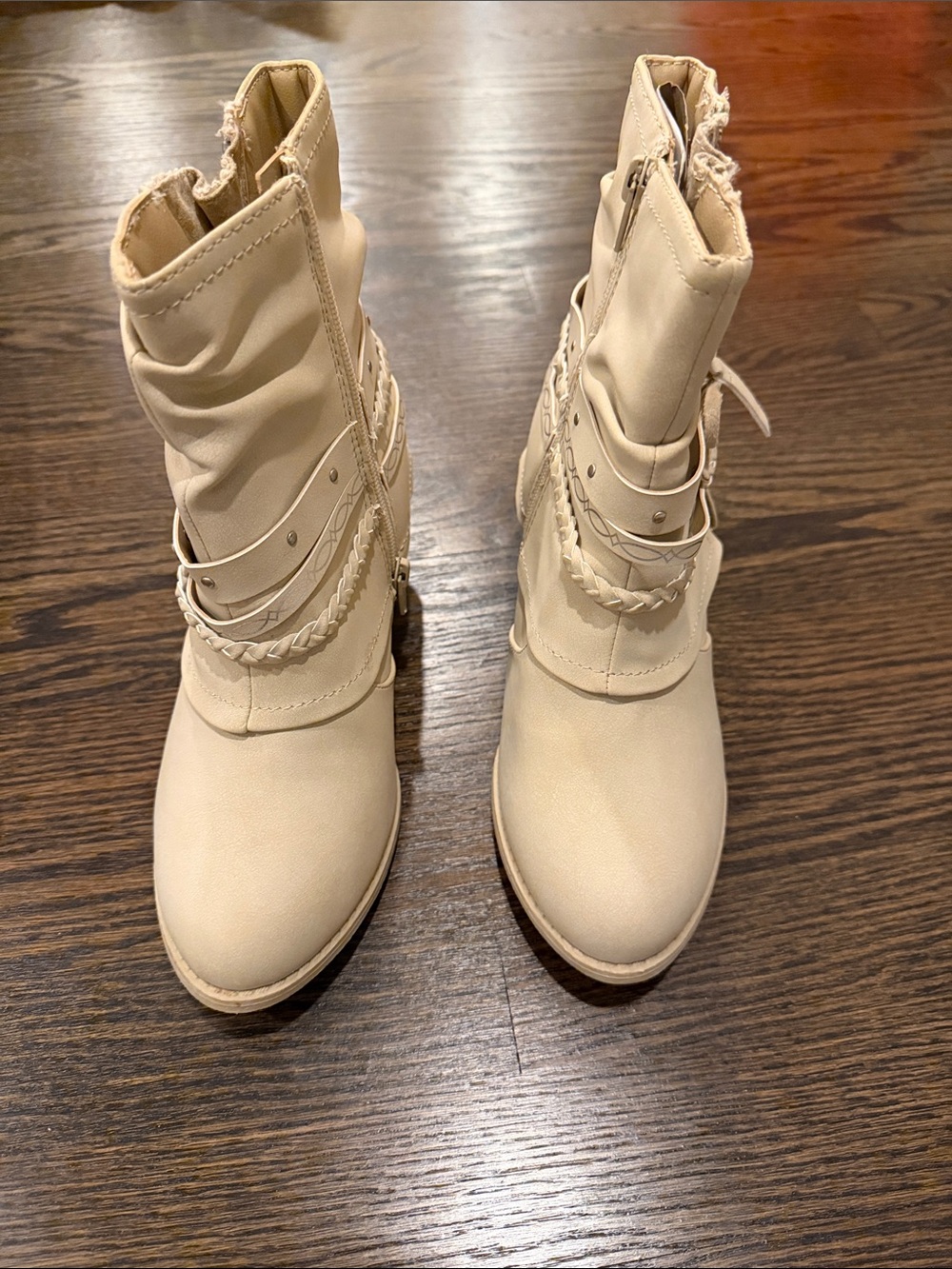 Jellypop Cream Braided & Studded Combat Ankle Boots